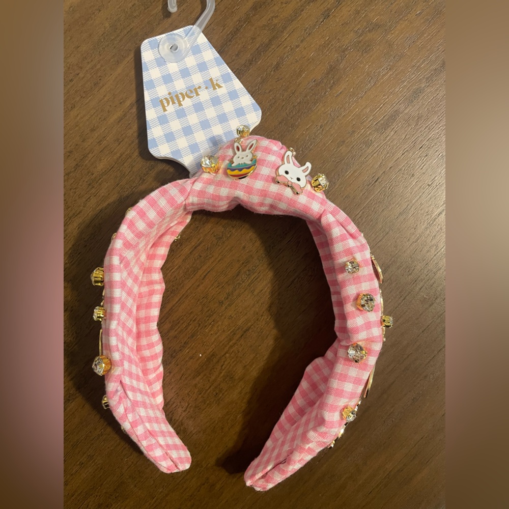 Piper K Pink Checkered Headband with Bunny Accents